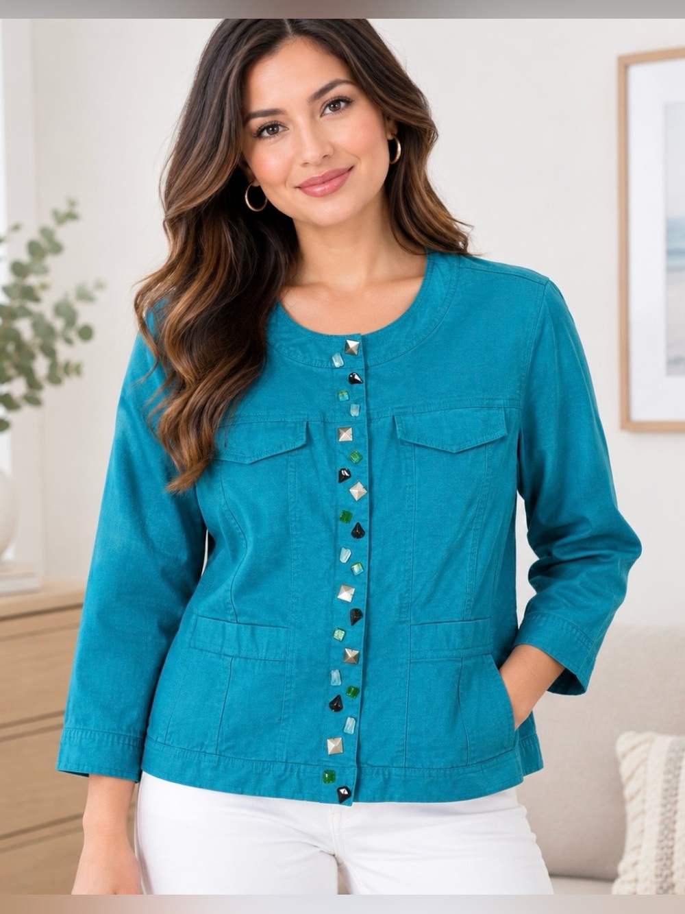 Hearts of Plam Blue with stone accent  Women’s Jean Jacket size 12
